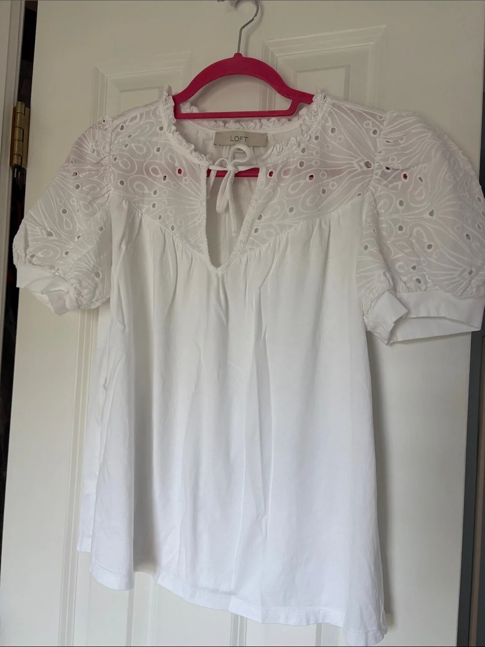 LOFT White Eyelet Tie-Neck Puff Sleeve Blouse